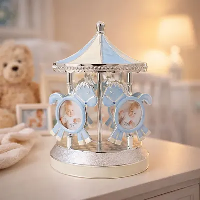 Carusel muzical foto AZAY albastru cu căluți, ramă foto rotativă, cutie muzicală decorativă pentru copii, cadou premium