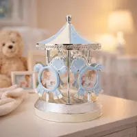 Carusel muzical foto AZAY albastru cu căluți, ramă foto rotativă, cutie muzicală decorativă pentru copii, cadou premium