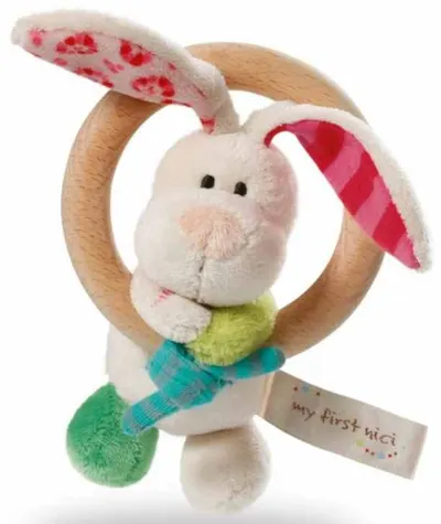 Jucărie moale Nici - Cu inel de lemn și clopoțel, Tilly Rabbit, 15 cm