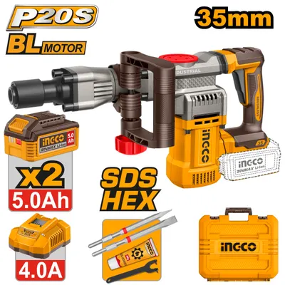 Picamer Demolator Profesional 20V INGCO CDBLI203582E, SDS HEX 35 mm, motor brushless, energie impact 16J, 0-3200 bpm, 2 acumulatori 5.0Ah, incarcator, cutie transport