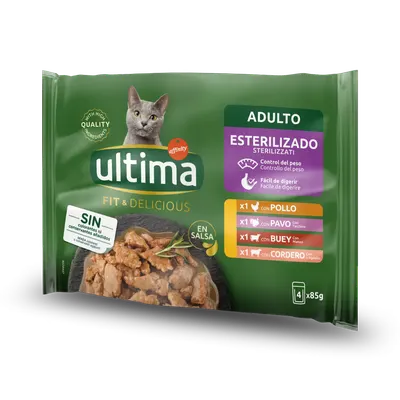 Hrana umeda pisici, Ultima Cat, Adult Sterilizat Fit & Delicious Multipack, Pui, Curcan, Vita & Miel, 4x85 g