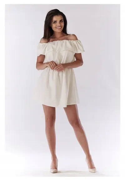 Rochie mini de vara stil spaniol cu volan - - Crem