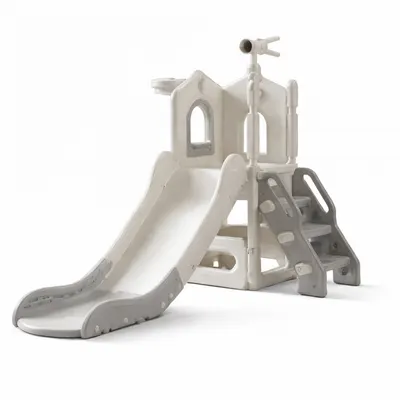 Tobogan pentru copii Nichiduta Garden Sky Bear Grey, structura ergonomica, cu mini-cos de baschet, zona de observare cu telescop integrat, scara si manere de sustinere, dimensiune 155 x 87 x 69 cm