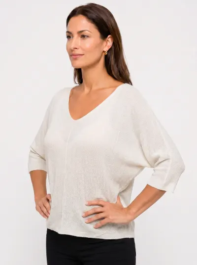 Bluza fin tricotata bob de orez, cu maneca fluture 3 4, alb