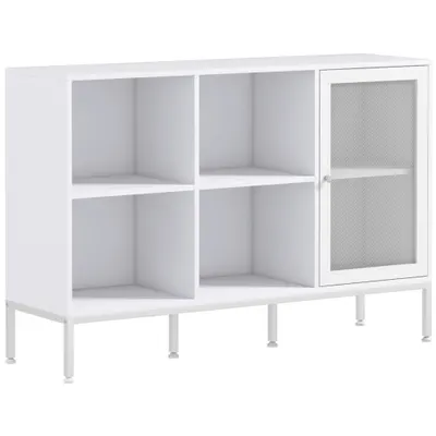HOMCOM Dulap Modern de Depozitare cu Ușă din Plasă, 4 Compartimente Deschise și Raft Reglabil, 120x37x81.5 cm, Alb | Aosom Romania