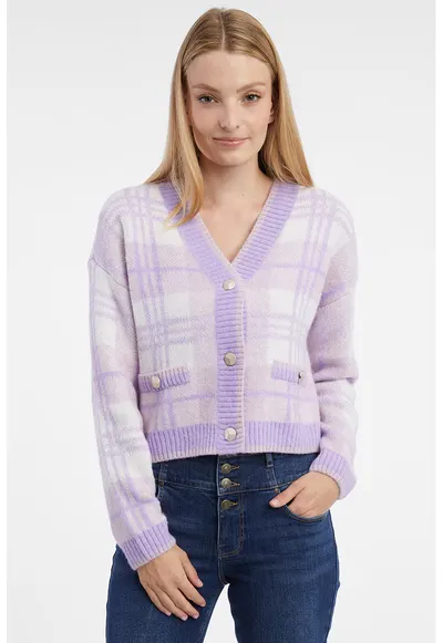 Cardigan cu decolteu in V - model in carouri si nasturi - Violet deschis/Lila