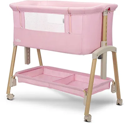 Pătuț pentru bebeluși cu barieră rabatabilă Lorelli - Millie, Pink/Wooden effect