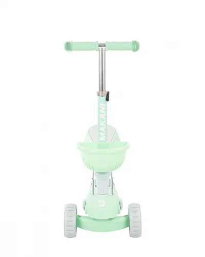 Trotineta 3in1 Makani BonBon Candy Mint,Roti frontale cu lumini LED,Frana pe roata spate,Maner reglabil pe 3 nivele de inaltime,Scaun reglabil,Placuta antiderapanta,Manere ergonomice,Cosulet frontal inclus