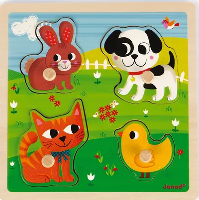 Puzzle tactil din lemn Janod - Primele mele animale, 4 piese