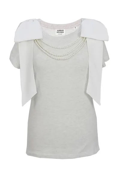 Tricou de bumbac organic cu funde decorative Artist - Alb/Gri deschis