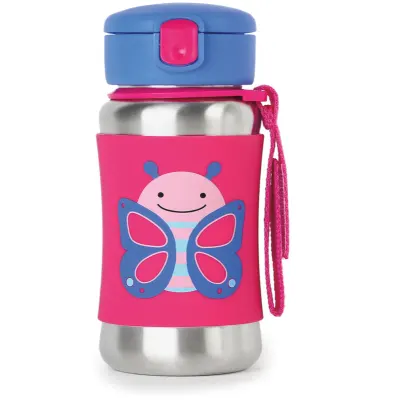 Skip Hop Zoo Straw Bottle sticlă inoxidabilă pentru apă cu pai Butterfly 12 m+ 1 buc