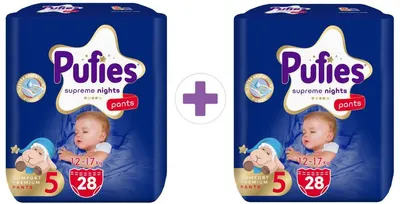 Scutece chiloței Pufies Supreme Nights - Value Pack, mărimea 5 Junior, 12-17 kg, 2 x 28 bucăți