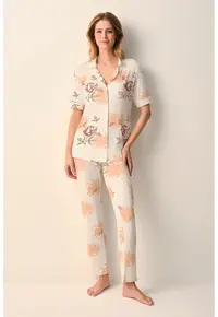 Pijama relaxed fit cu imprimeu floral Holly - Roz zmeuriu/Portocaliu pal/Alb murdar