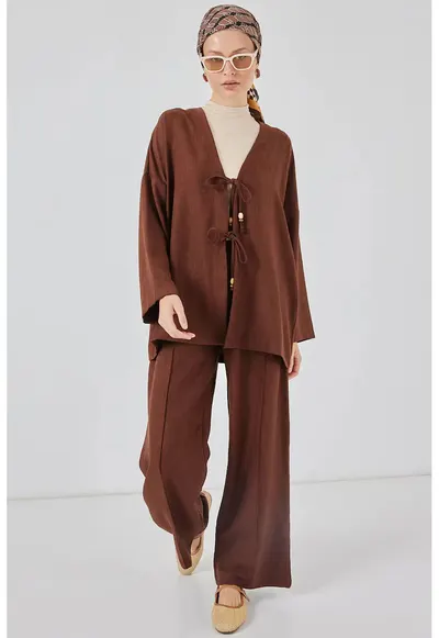 Compleu din doua piese - cardigan si pantaloni largi - maro - textil
