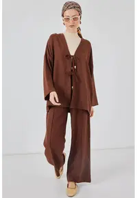 Compleu din doua piese - cardigan si pantaloni largi - maro - textil