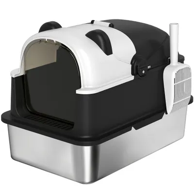 PawHut Litieră acoperită XL pentru pisici mari din oțel inoxidabil cu capac basculant, lopată, plic odorizant, design panda, negru | Aosom Romania