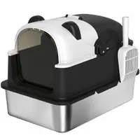 PawHut Litieră acoperită XL pentru pisici mari din oțel inoxidabil cu capac basculant, lopată, plic odorizant, design panda, negru | Aosom Romania