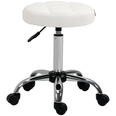 HOMCOM Scaun Rotativ cu Roti, Rotund, Scaun pentru Coafor și Estetician cu Înălțime Ajustabilă, Tapițat în Piele Ecologică, Ø35.5x51-67 cm, Alb