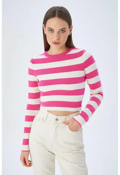Pulover tricotat HiCCUP - dungi - roz neon - tricot