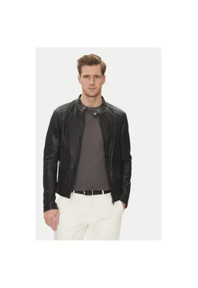 Geaca din piele barbati LENI PERFORATED - Piele naturala - Negru - Negru