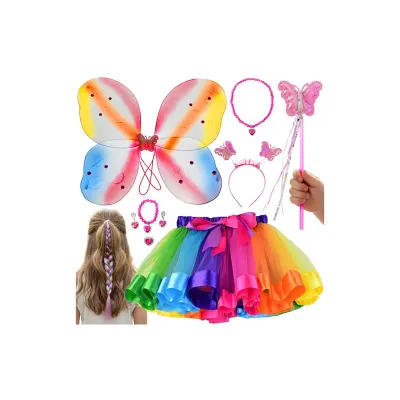 Set 6 piese costum Fluturas, universal, fusta, aripi, bijuterii si accesorii, multicolor