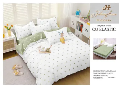 Lenjerie De Pat Bumbac Satinat Cu Elastic - Alb Cu Inimioare Verzi - Engros