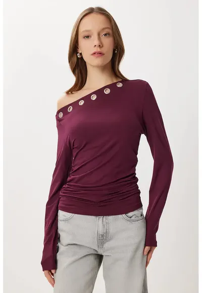 Bluza dama - Happiness Istanbul - din viscoza - guler asimetric - Rosu