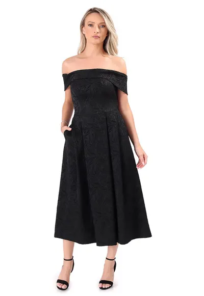 Rochie eleganta de seara cu umeri goi din brocart elastic cu motive florale RVR-3BN - Negru