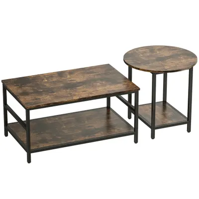 HOMCOM Set mese de cafea, 2 piese, masă dreptunghiulară și rotundă cu depozitare în 2 nivele, maro rustic | Aosom Romania