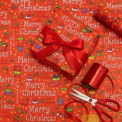 Hârtie mată pentru ambalat cadouri, decor roșu cu mesaj Merry Christmas, 200x70 cm
