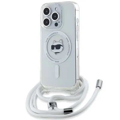 Husa MagSafe pentru Apple iPhone 15 Pro Max, Karl Lagerfeld, IML Crossbody Choupette's Head with Strap, Transparenta
