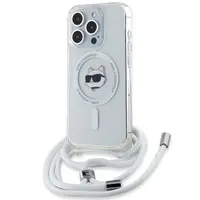 Husa MagSafe pentru Apple iPhone 15 Pro Max, Karl Lagerfeld, IML Crossbody Choupette's Head with Strap, Transparenta
