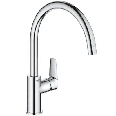 Baterie bucatarie Grohe 30529001, 3/8 inch, pipa tip C, monocomanda, pivotanta, cartus ceramic, marime L, montaj pe lat, protectie reflux, limitator de debit, Crom