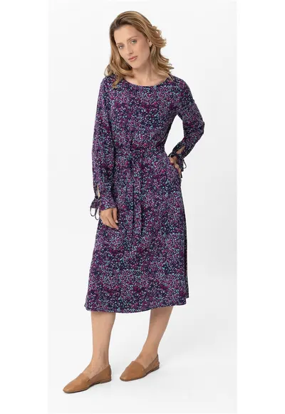 Rochie cu model abstract - maneca lunga - G-Ella - cu cordon - violet - Violet