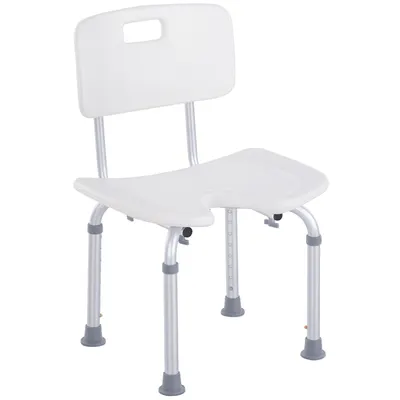 HOMCOM Scaun de Duș Reglabil pe 8 Nivele cu Orificii de Drenaj și Șezut în Formă de U, 48x42x71-83,5 cm, Alb | Aosom Romania