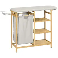 HOMCOM Coș de Rufe din Bambus cu Masă de Călcat și Suport de Călcat, Coș de Rufe cu Raft cu 3 Niveluri, 113x34x82 cm, Gri