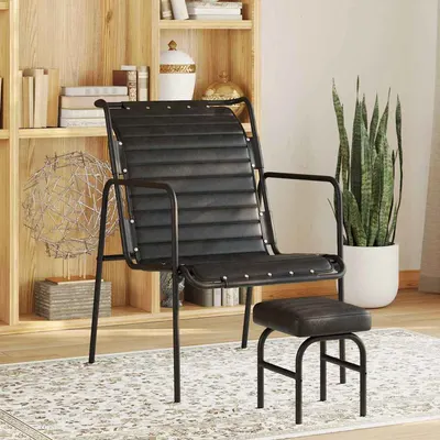 vidaXL Fotoliu de relaxare cu suport picioare, negru, piele naturală