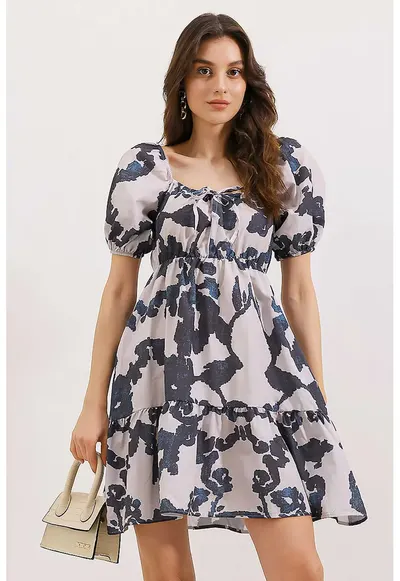 Rochie mini dama - HiCCUP - forma A - decolteu patrat - bumbac/poliester - bleumarin/alb