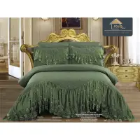 Cuvertura pat dublu, 3 piese, Bumbac Finet, 220x280cm, cu volanase si broderie, Jojo Home, Kaki