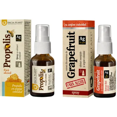Pachet Propolis cu Argint Coloidal fara Alcool Spray 20ml + Grapefruit cu Argint Coloidal fara Alcool Spray 20ml