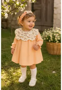Rochie bebe fetita din muselina cu bentita si guler ffewgewloral eleganta - Fete - Portocaliu