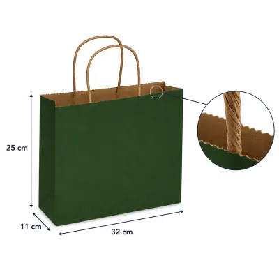 Sacoșe hârtie cu mâner răsucit - verde închis (set 12 buc) - Orizontal - 32x25x11cm