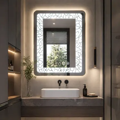 Oglinda LED 60x80 cm cu margini decorative iluminare 3 culori touch antiaburire ceas digital