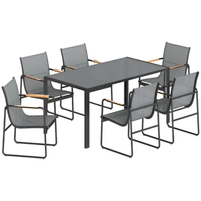Outsunny Set masă și scaune pentru grădină cu masă din sticlă securizată și 6 scaune respirabile pentru terasă/patio, gri | Aosom Romania