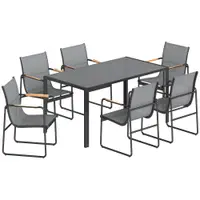 Outsunny Set masă și scaune pentru grădină cu masă din sticlă securizată și 6 scaune respirabile pentru terasă/patio, gri | Aosom Romania
