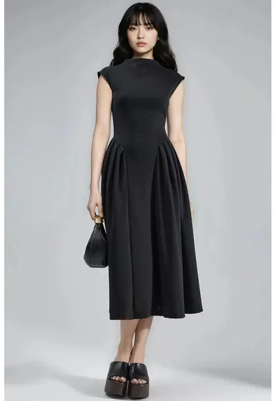 Rochie midi texturata - negru - material textil