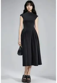 Rochie midi texturata - negru - material textil