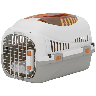 PawHut Transportor pentru Pisici și Câini Mici din Plastic, cu Fereastră Superioară, Ușă din Oțel, Bol pentru Hrană, pentru Animale max 4 kg, 49x32x31 cm, Gri | Aosom Romania