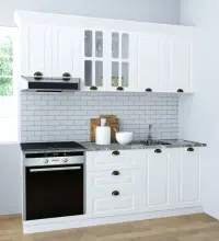 Set bucatarie SQUARE 200 cm, 6 corpuri, corp cuptor, cu sertare, blat termorezistent, fronturi MDF, culoare alb rustic