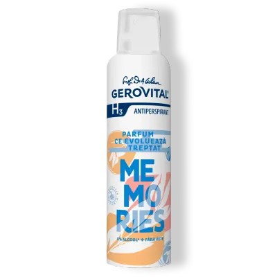 Antiperspirant Memories Protecție 48h, Fără Pete și Fără Alcool, Note Fructate-condimentate, Gerovital H3 Antiperspirante, 150 Ml